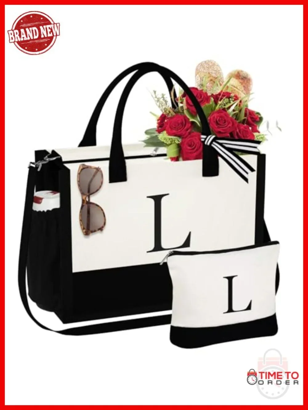 Initial Canvas Tote Bag with Makeup Bag, Monogrammed Beach Bag, Large Capacity,